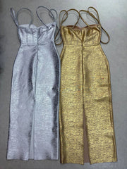 Metallic Spaghetti Strap Beaded Maxi Dress