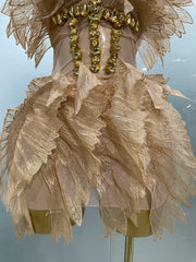 Feather Embellished Crystal Neck Wings Mini Dress