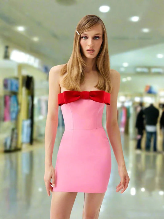 2024 Off Shoulder Bow Design Mini Dress Women Pink Strapless Backless High Waist Bodycon Dress Evening Party Club Prom Golden Atelier