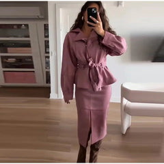 Pink Lapel Neck Belted Jacket with Slit Midi Skirt Two-Piece Set