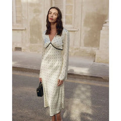 Satin Polka Dot Long Sleeve Midi Dress