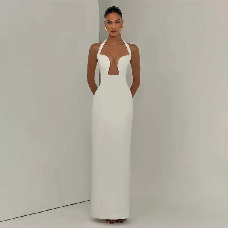 Halter neck column maxi dress in white