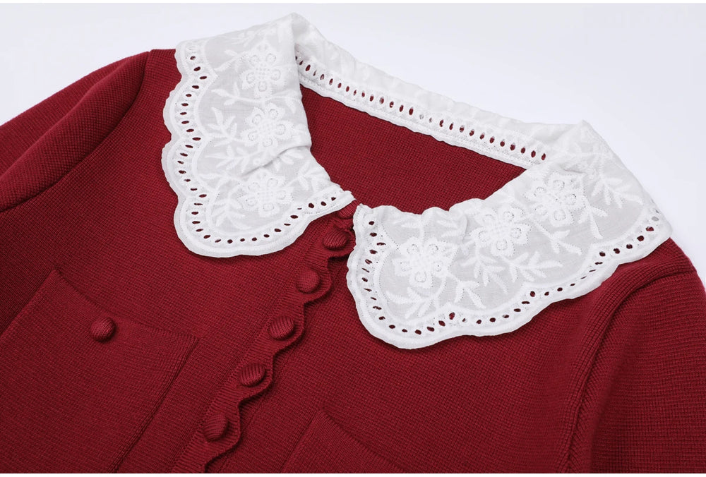 Close-up of the embroidered lace collar on a burgundy knit dress.