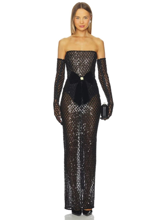 Strapless sequin mesh column dress with long gloves and clutch, front view