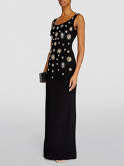 Diamonds Brooch-Embellished Women's Black Maxi Dress