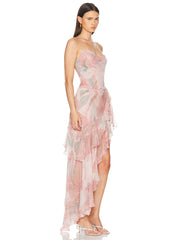 Spaghetti Strap Floral Print Ruffle High-Slit Asymmetrical Hem Maxi Dress