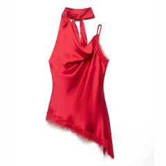 Red satin nightgown with lace trim on a white background
