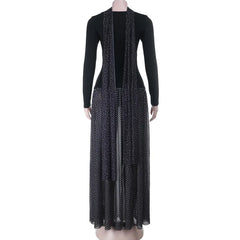 Black Long SLeeve Polka Dot Patchwork Print Maxi Dress With Scarf