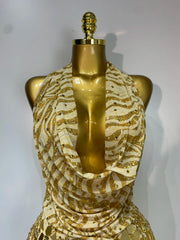 Gold Sequin Print Halter Openback Mini Dress