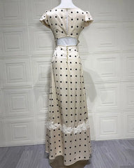 Satin Polka Dot Cap Sleeve Maxi Dress
