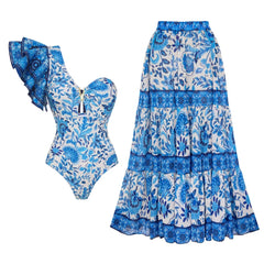 V-Neck Tie-Strap Swimsuit and Wrap Skirt Set