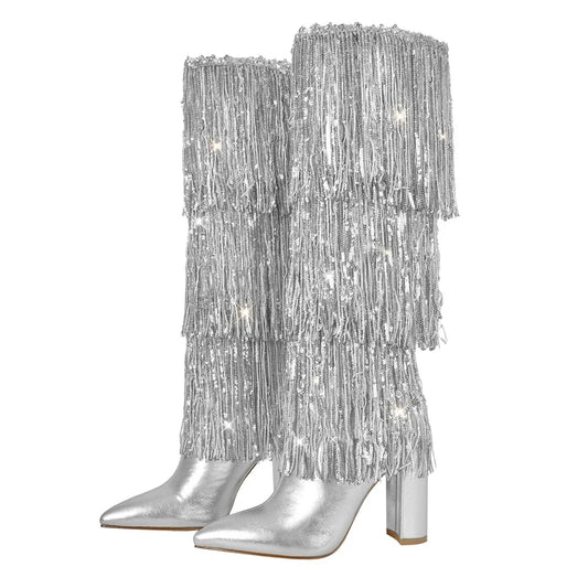 Silver pointed toe knee high boots with layered fringe and chunky block heel