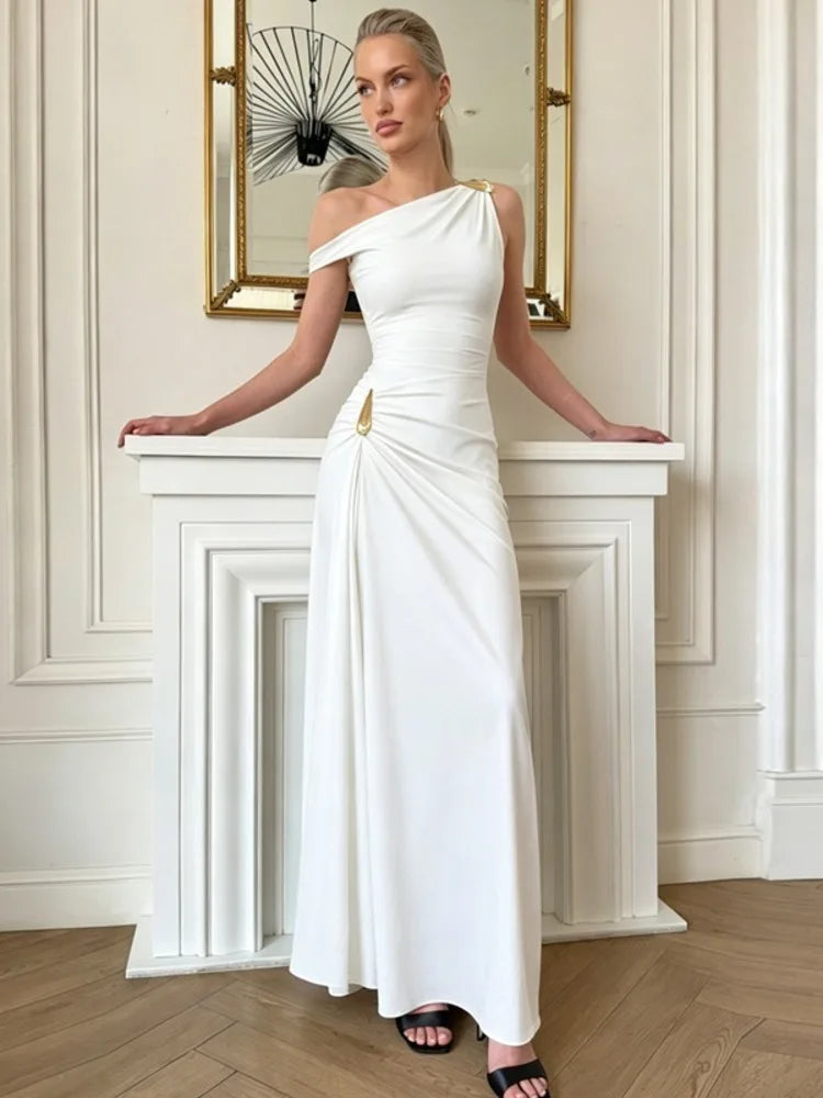 One shoulder high split ruched white maxi dress