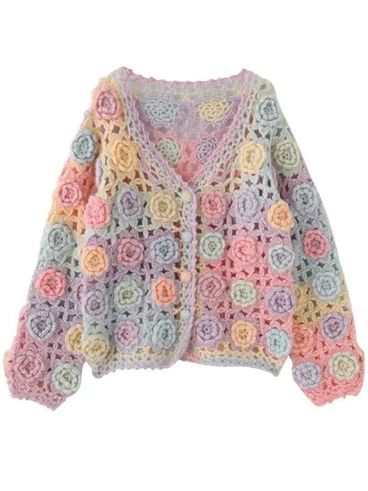 Patchwork Floral Crocheted Knitwear V Neck Hooked Sweater