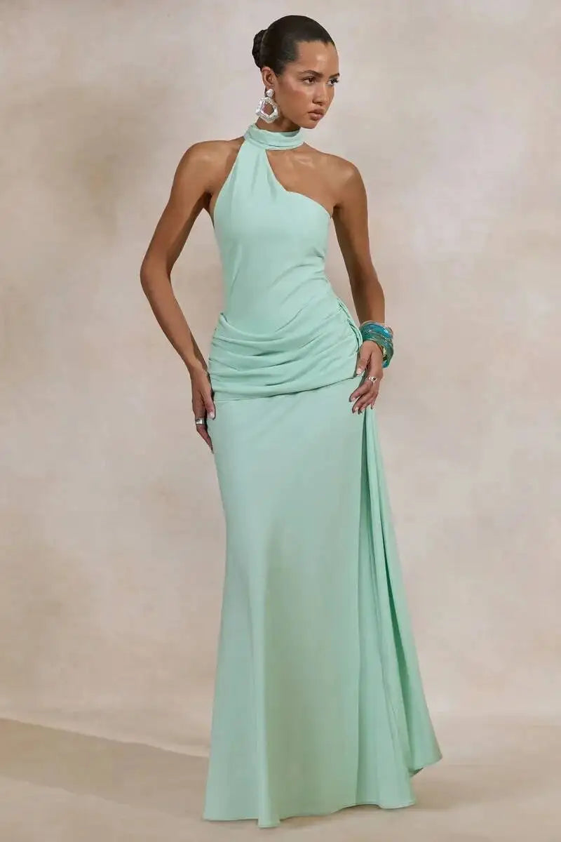 Mint green one shoulder draped maxi dress