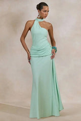 Mint green one shoulder draped maxi dress