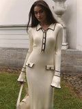 Ruffled Ribbed Contrast Long Sleeve Lapel Gown Knitwear Dress