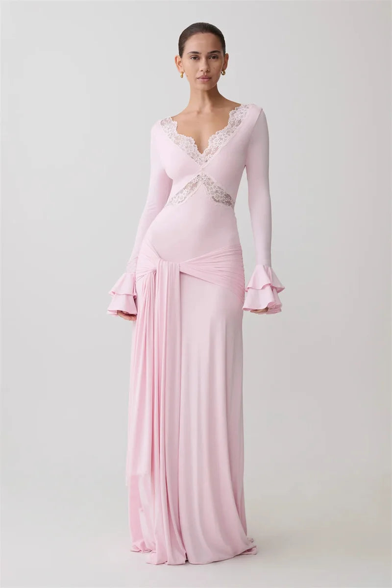 Pink lace trim flare sleeve maxi dress