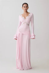 Pink lace trim flare sleeve maxi dress