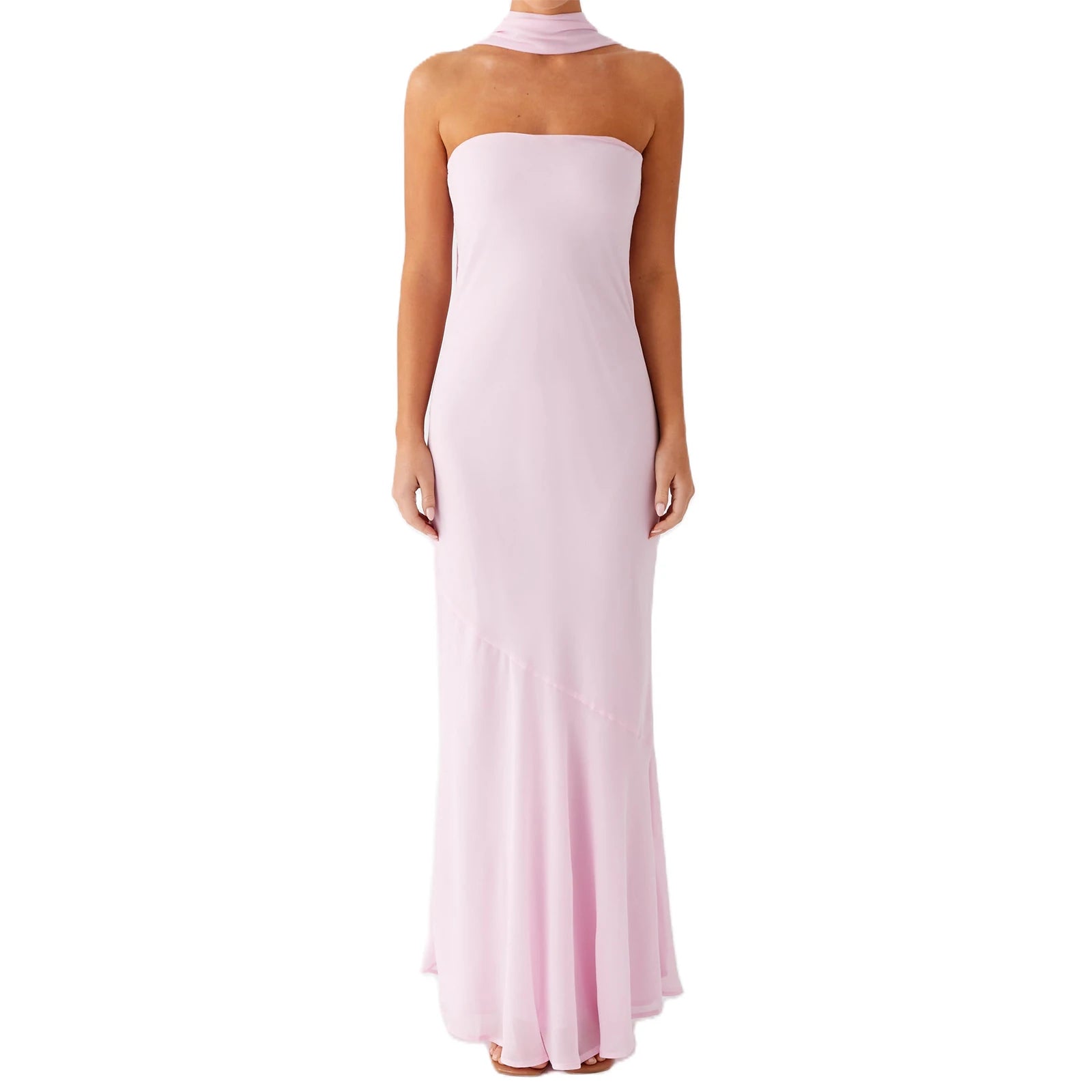 Pink strapless gown on a white background