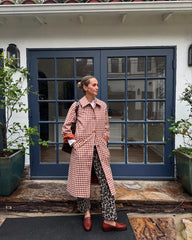 Red Gingham Lapel Long Trench Coat