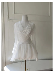 White Pleated V-Neck Long Sleeve Wrap Mini Dress