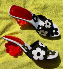 Floral Print Clear Acrylic Flower Heel Mules
