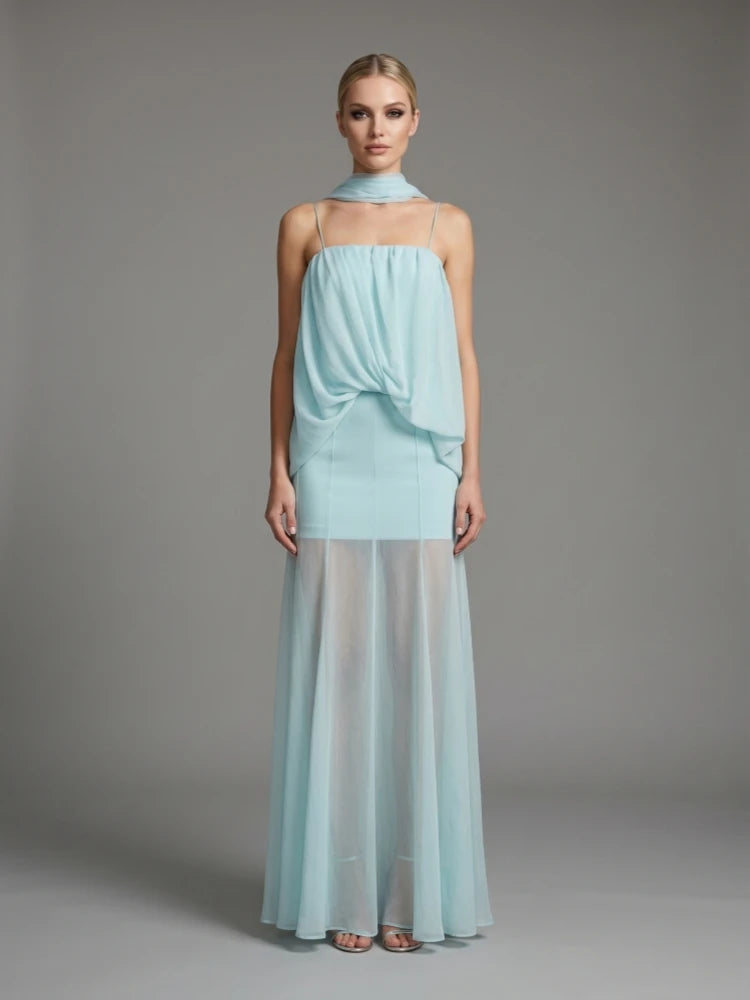 Full view of chiffon spaghetti strap maxi dress