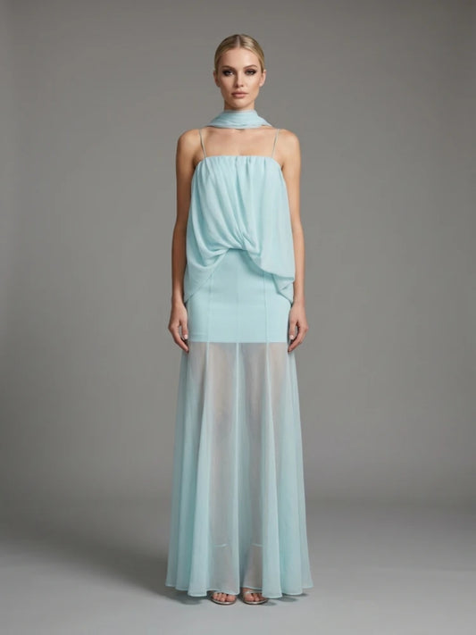 Full view of chiffon spaghetti strap maxi dress