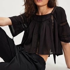 Lace Trim Square Neck Bow Back Crop Top