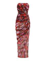 Strapless Red Floral Ruched Side Split Maxi Dress