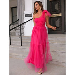 Women's One-Shoulder Knotted Detail Ruffled Mesh Long Dress