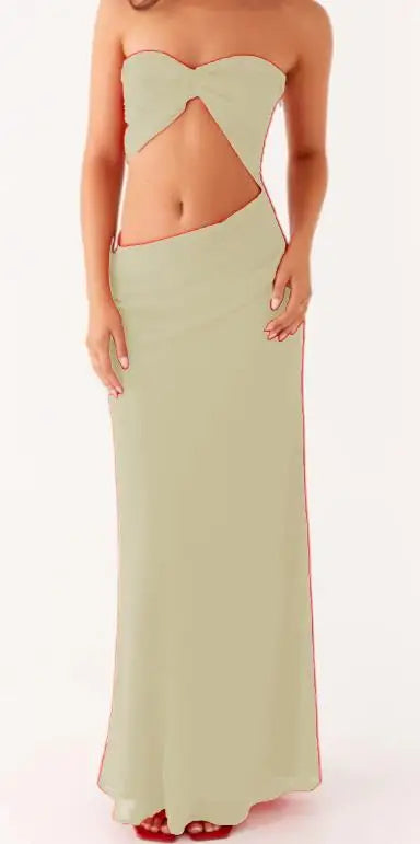 Sage green strapless gown with cut-out design on a white background