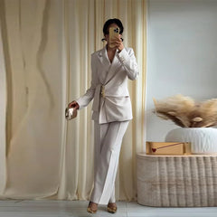 Ruched Waist Gold Buckle Blazer and Wide Leg Pants Set