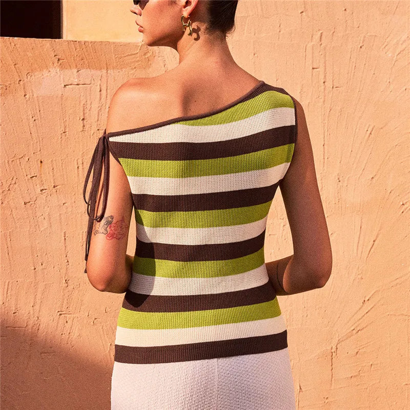 Back view of one shoulder striped knit top