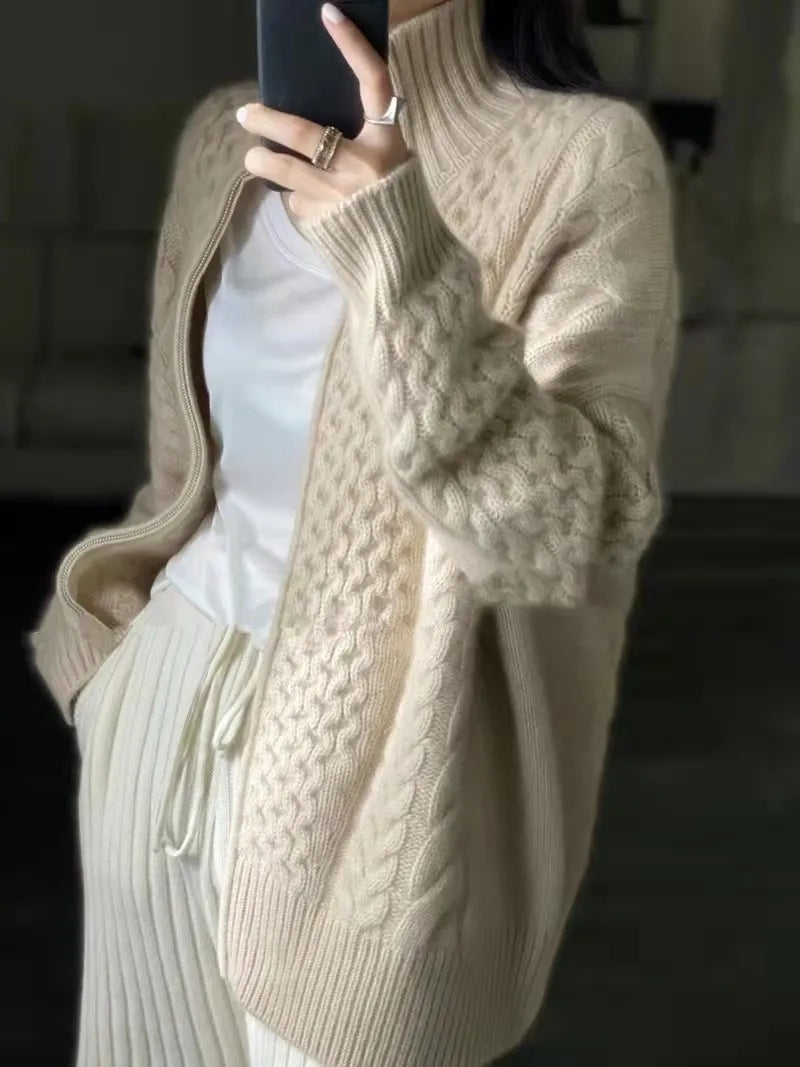 Thick Turtleneck Cashmere Knitted Cardigan Women's Sweater 