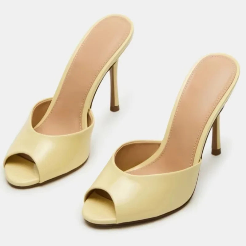 Yellow patent peep toe stiletto heel mule