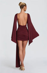 Draped Long Flare Sleeve Backless Bodycon Mini Dress