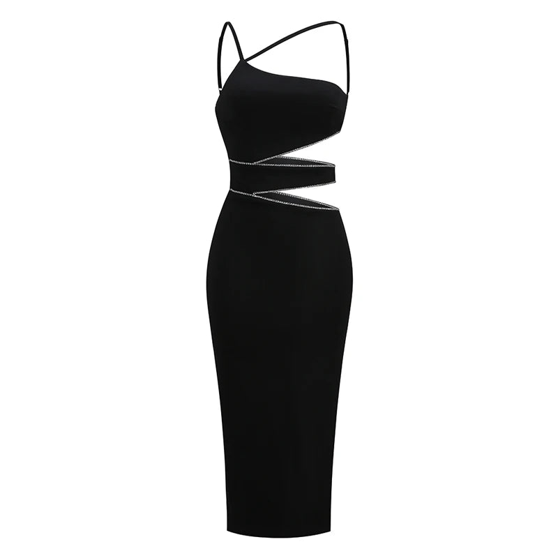 Front view of black one-shoulder midi dress with diamond chain cutouts