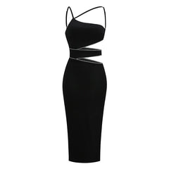 Front view of black one-shoulder midi dress with diamond chain cutouts