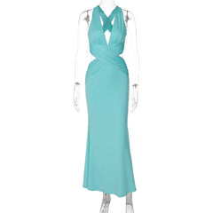 Blue Halter Neck Cutout Maxi Dress