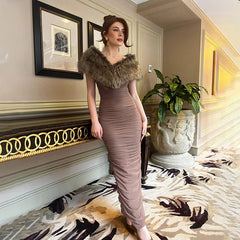 Model wearing a Fluffy Faux Fur Shawl Long Dress 