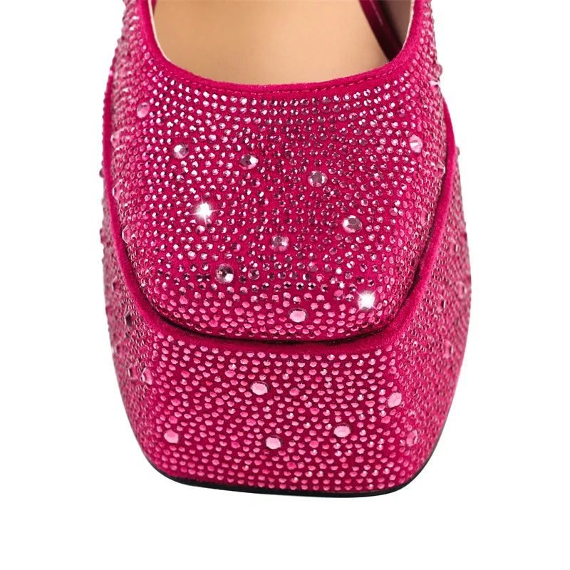Detail of the squared toe and platform on the rhinestone Mary Jane heels.