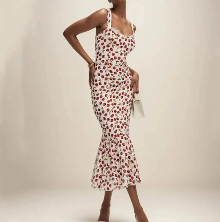 Cherry Print Spliced Lace V neck Ruffles Hem Trumpet Midi Dress