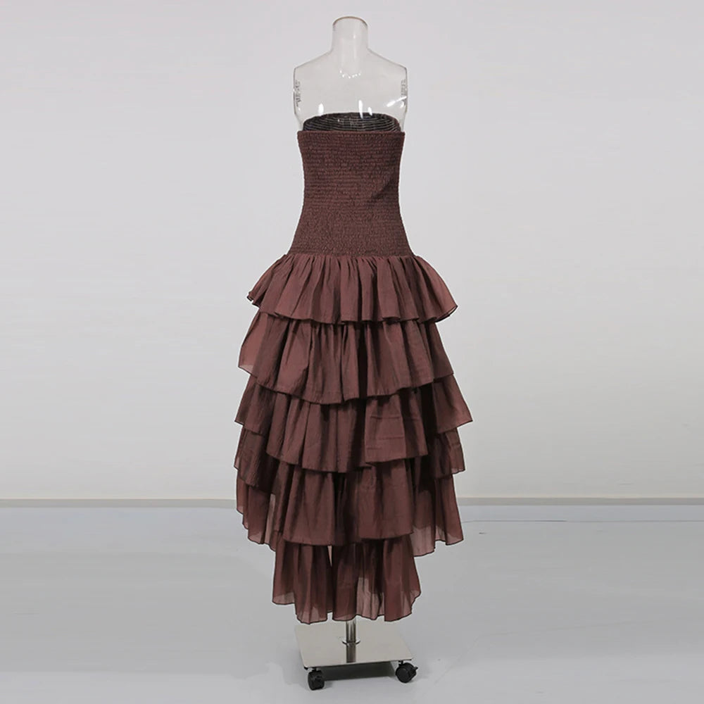 Strapless ruffle asymmetrical hem dress on mannequin back view