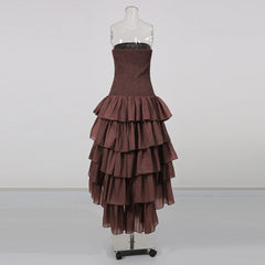 Strapless ruffle asymmetrical hem dress on mannequin back view