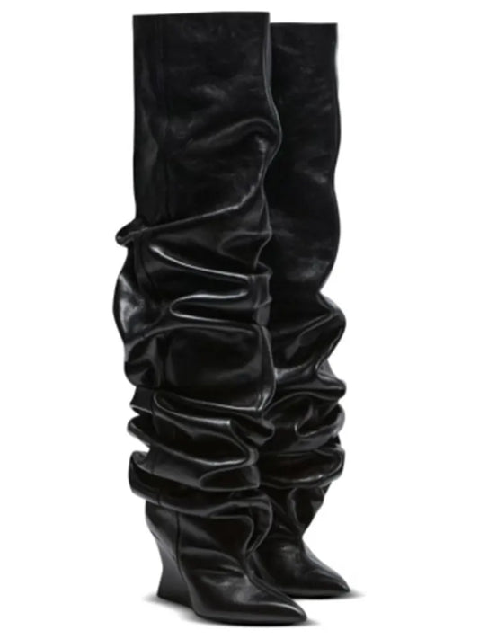 Black pleated wedge heel boot
