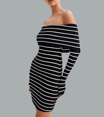 Striped Long Sleeve Knitwear Open Shoulder Short Dress