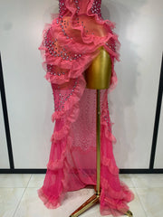Pink Sheer Strapless Ruffled Diamonds Slit Long Dress