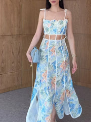 Floral print cutout maxi set with spaghetti straps